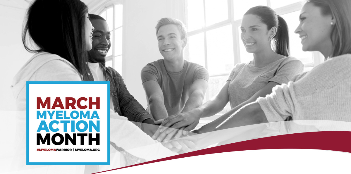 March Myeloma Action Month banner, people holding hands in a circle