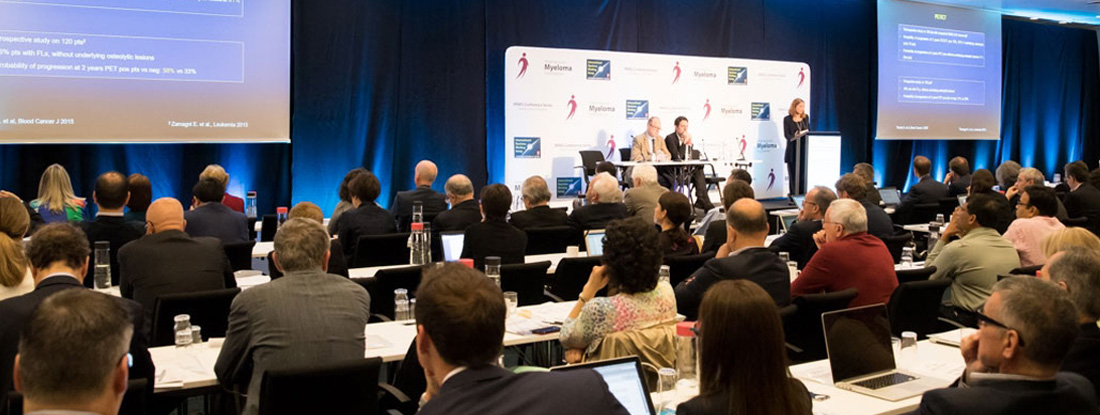 Audience members made up of the IMF'S International Myeloma Working Group listen to a panel discussion