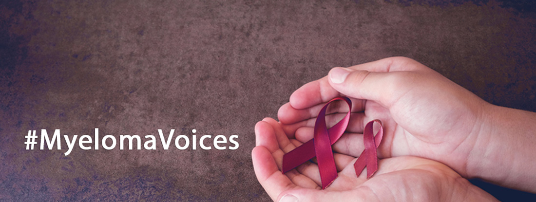 Myeloma Voices logo with palms open, holding a myeloma red ribbon