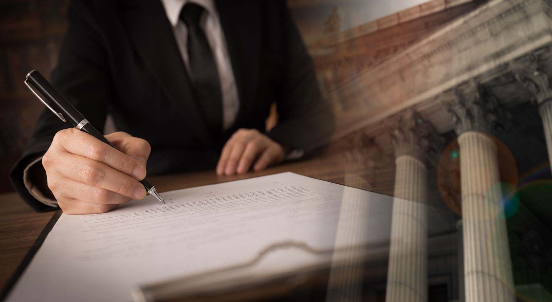 Legal document signing with courtroom imagery