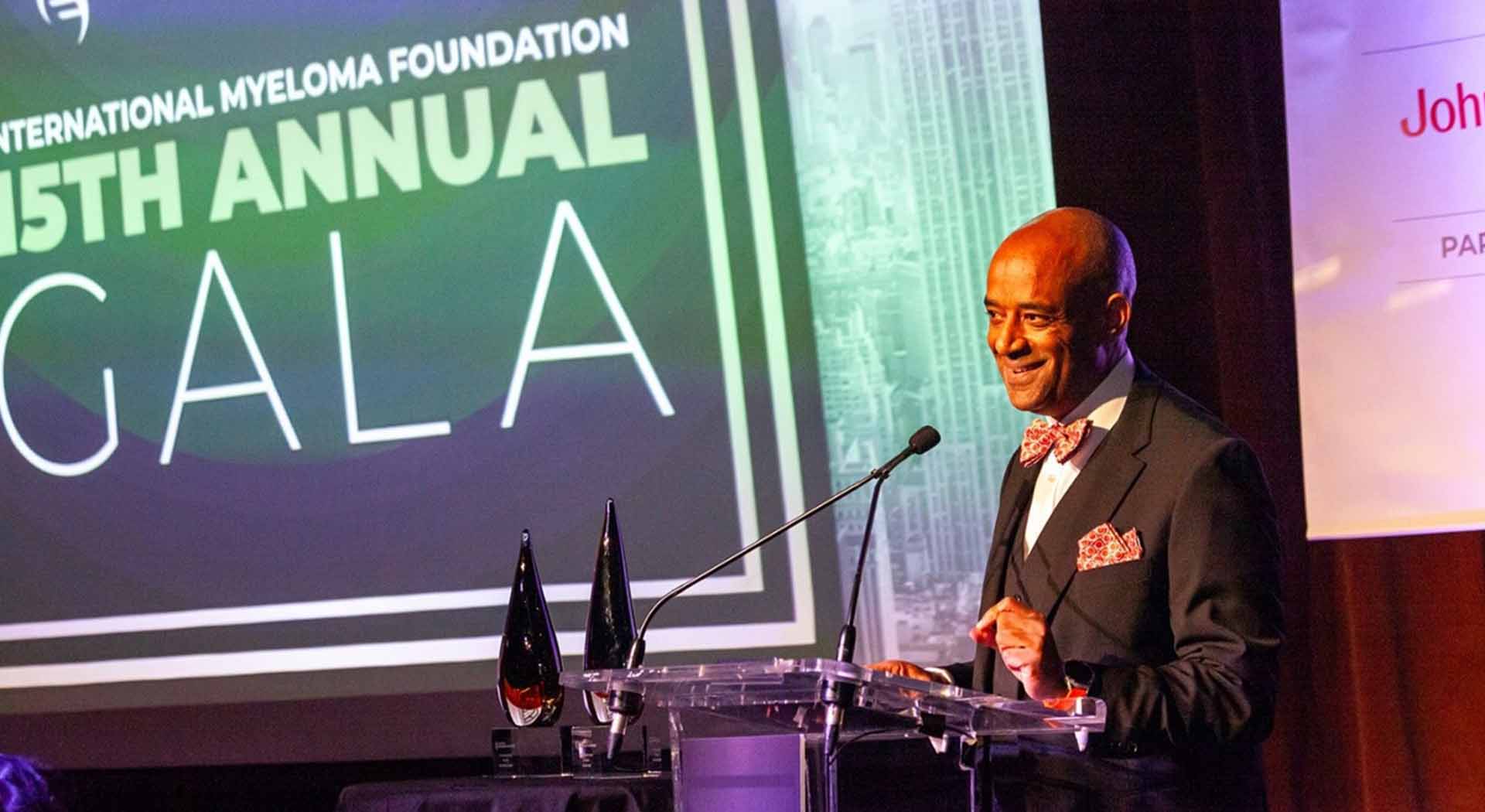 International Myeloma Foundation President and CEO Yelak Biru shares his story of living with multiple myeloma during the opening remarks at the 15th Annual Gala.  