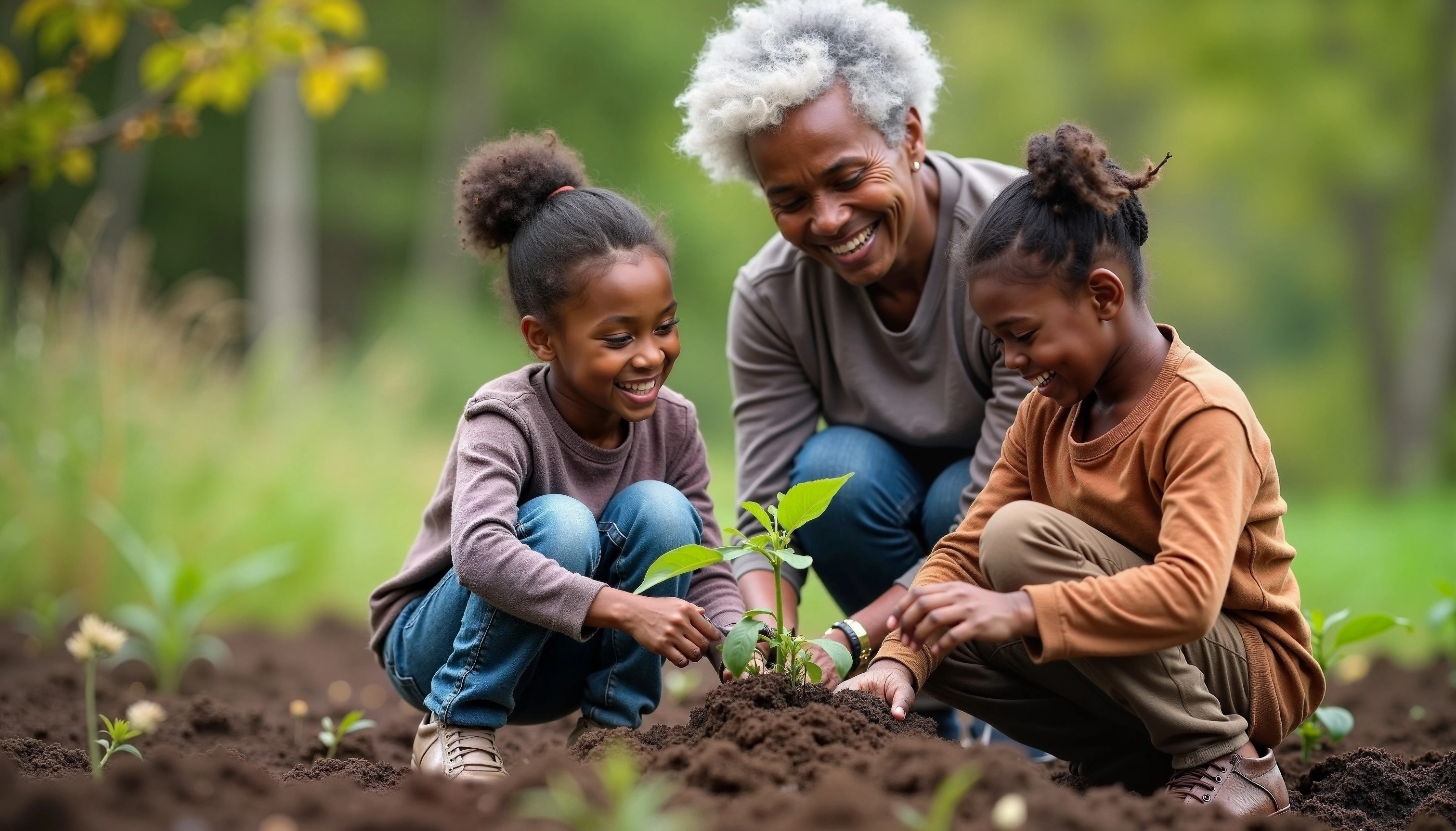African American woman with children gardening