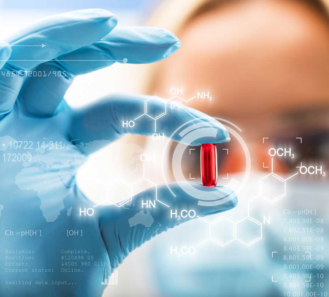 scientist holding a red transparent pill with futuristic scientific air interface with chemical formulas and research data in the foreground