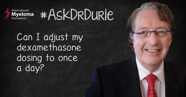 Video still of Dr. Durie addressing dexamethasone dosing