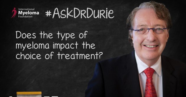 Video still of Dr. Brian G.M. Durie with a chalkboard backdrop and text overlay of "Does the type of myeloma impact the choice of treatment?"