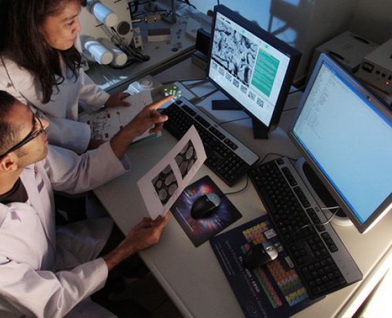 Two researchers look at computer screen