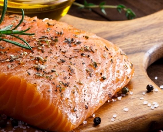 salmon, seafood on cutting board