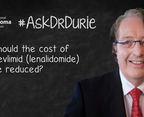 Video still of Dr. Brian G.M. Durie on chalkboard backdrop with text overlay: "Should the cost of Revlimid (lenalidomide) be reduced?"