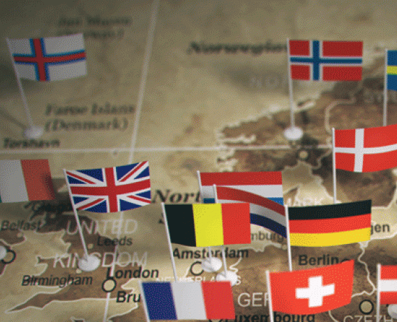 Flags on a map of Europe