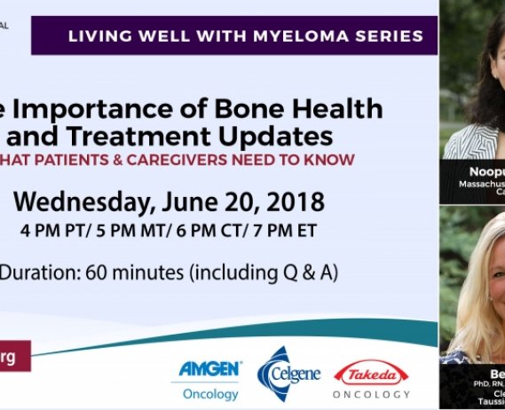 Importance of Bone Health and Treatment Updates text with images of Beth Faiman and Dr. Noopur Raje