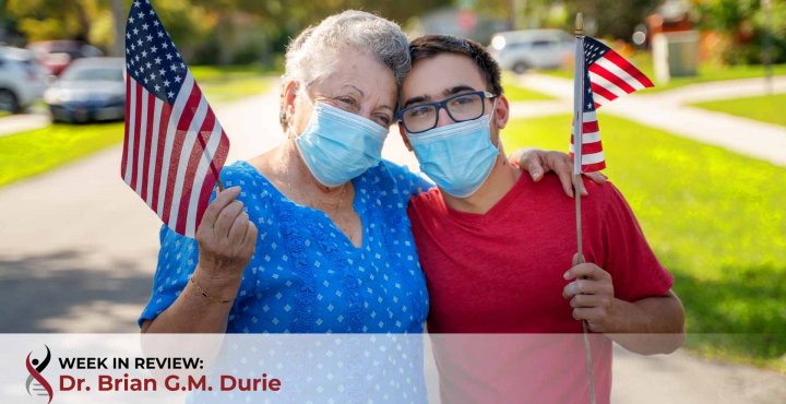 grandmother grandson with american flags