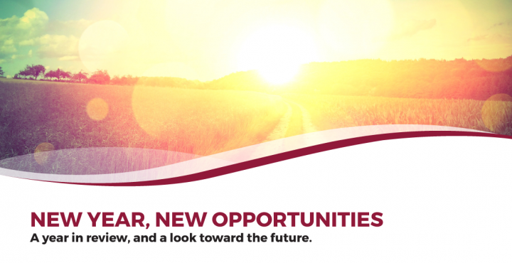sun setting in the horizon with text overlay: New Year, New Opportunities