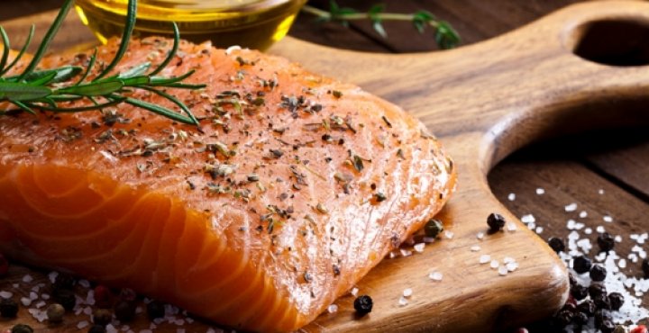 salmon, seafood on cutting board