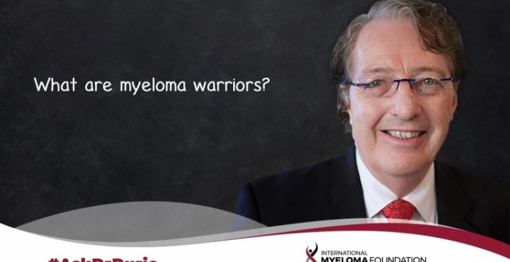 Video still of Dr. Brian G.M. Durie with chalkboard backdrop and text overlay: What are myeloma warriors?