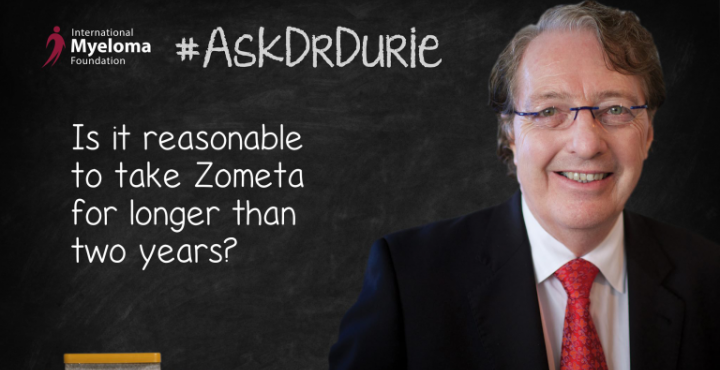 Video still of Dr. Brian G.M. Durie on chalkboard backdrop with text overlay: Is it reasonable to take Zometa for longer than two years?