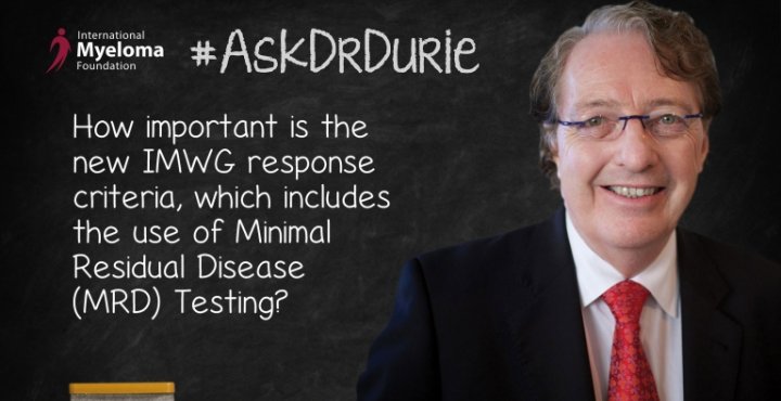 IMWG MRD criteria text over laid on a photo of Dr. Brian Durie. 