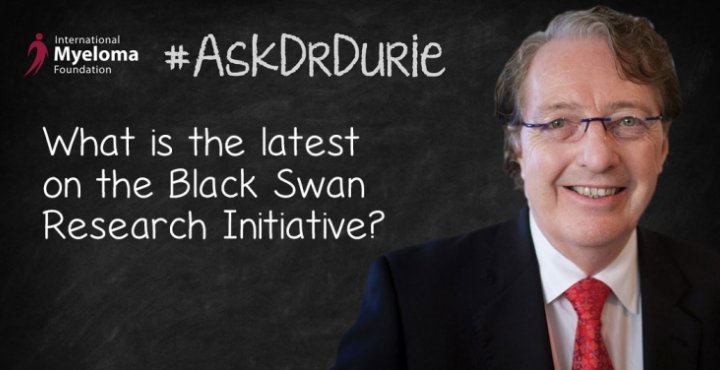 Video still of Dr. Brian G.M. Durie  against chalkboard backdrop with text overlay of "What is the latest on the Black Swan Research Initiative?"