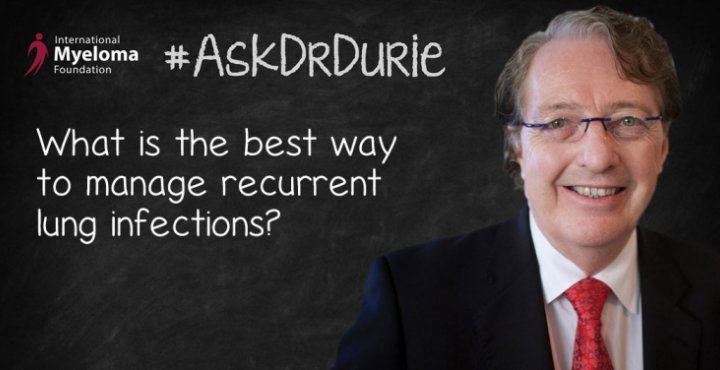 Video still of Dr. Brian G.M. Durie on chalkboard backdrop with text overlay: "What is the best way to manage recurrent lung infections?"