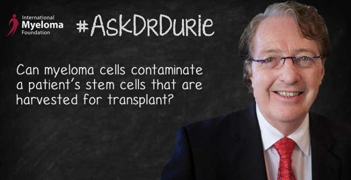 Video still of Dr. Brian G.M. on chalkboard backdrop with text overlay: Can myeloma cells contaminate a patient’s stem cells that are harvested for transplant?