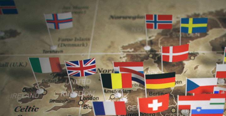 Flags on a map of Europe