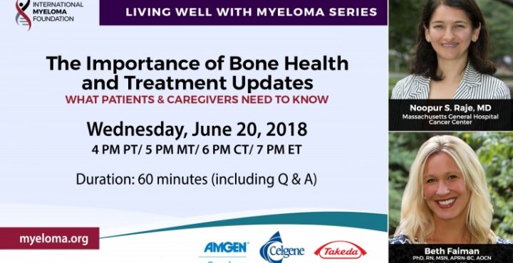 Importance of Bone Health and Treatment Updates text with images of Beth Faiman and Dr. Noopur Raje