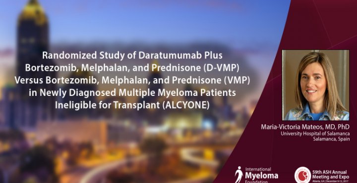 AsASH Convention video banner: Maria-Victoria Mateos, MD, PhD talks Daratumumab Plus Bortezomib, Melphalan, and Prednisone