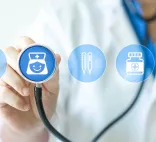 doctor holds stethoscope over nurse icon