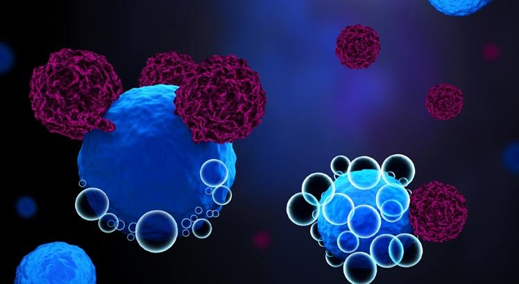 Depiction of CAR T-cell therapy binding to a myeloma cell