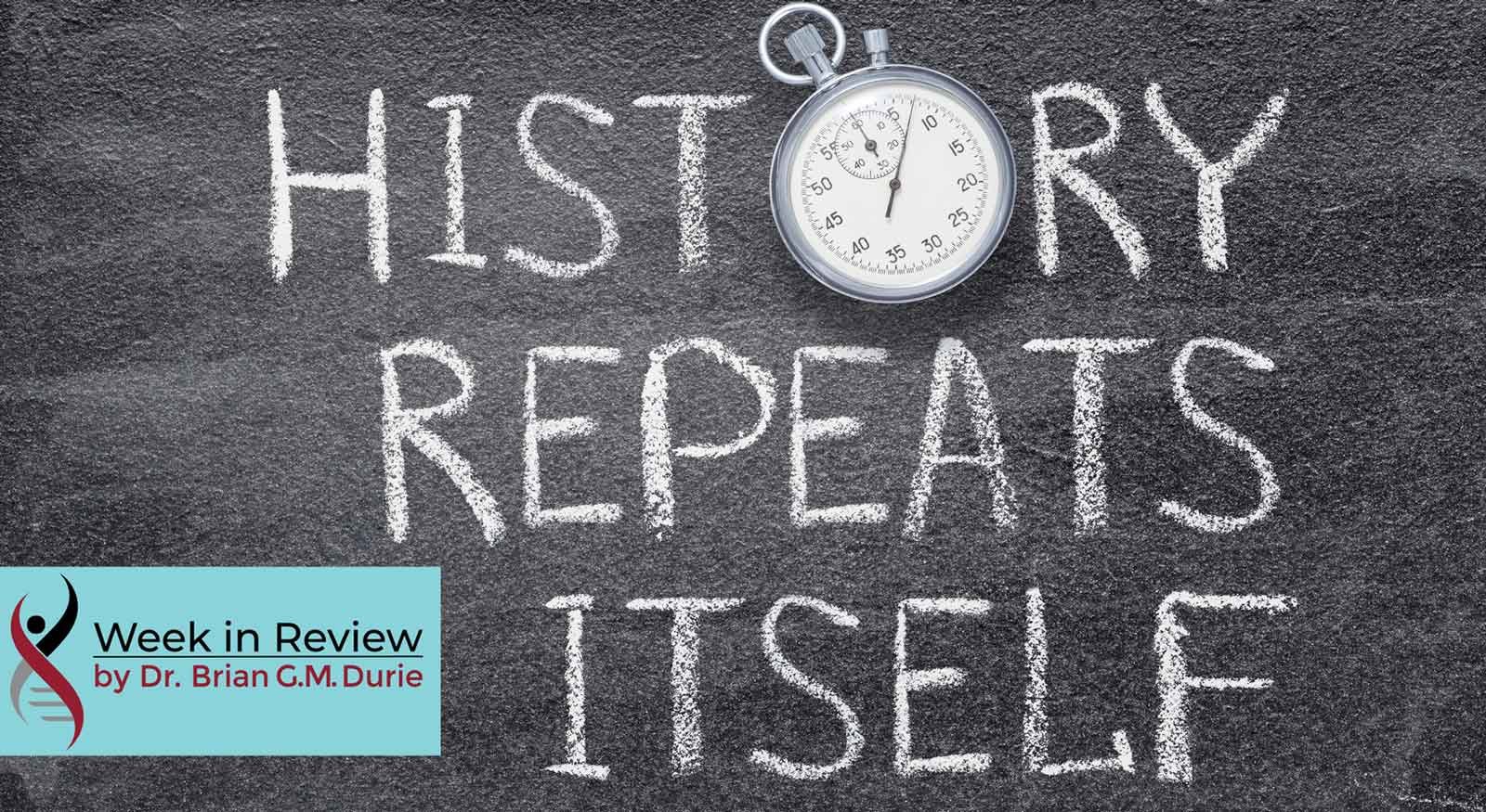 Chalkboard with writing "history repeats itself"