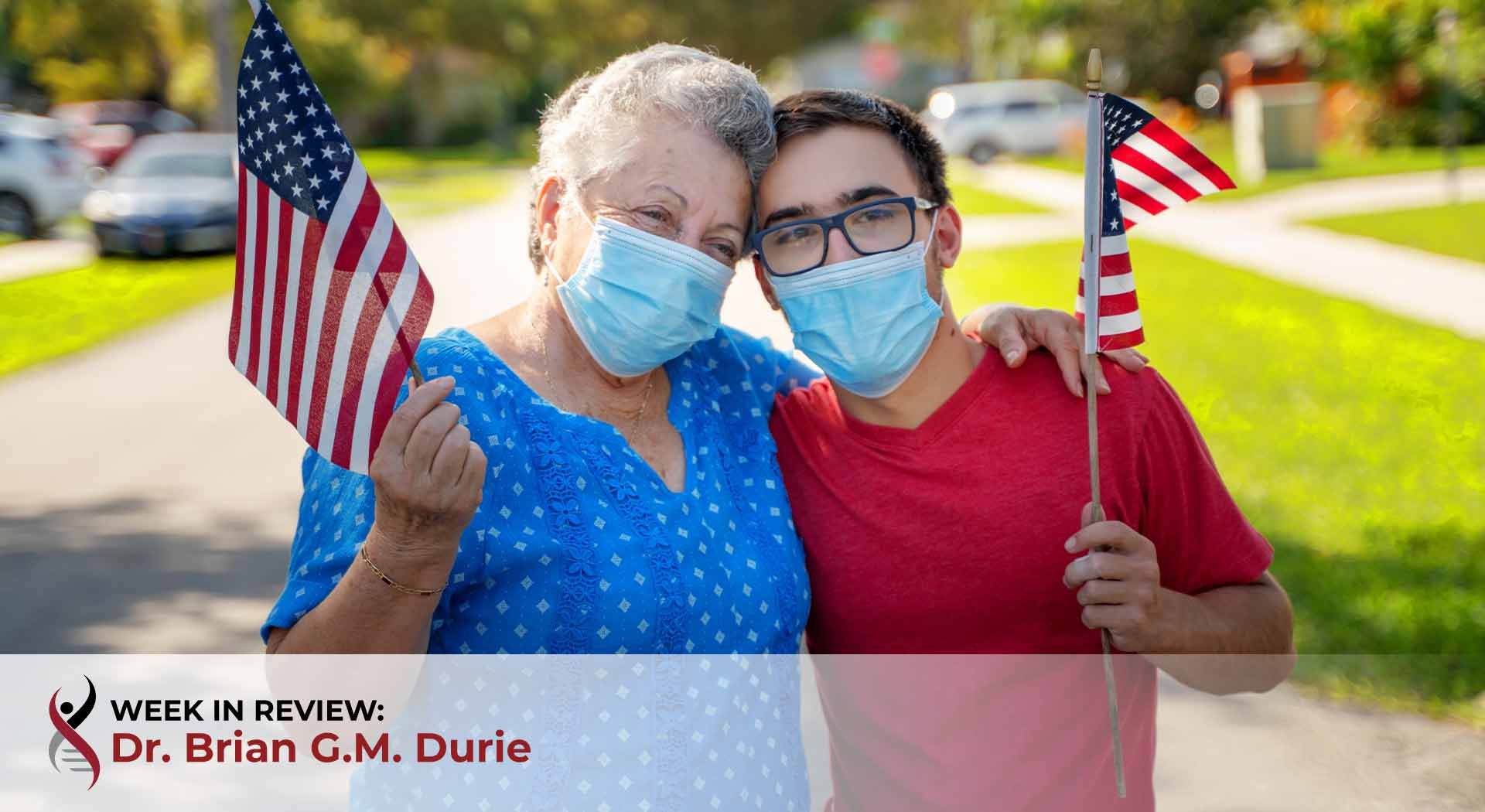 grandmother grandson with american flags