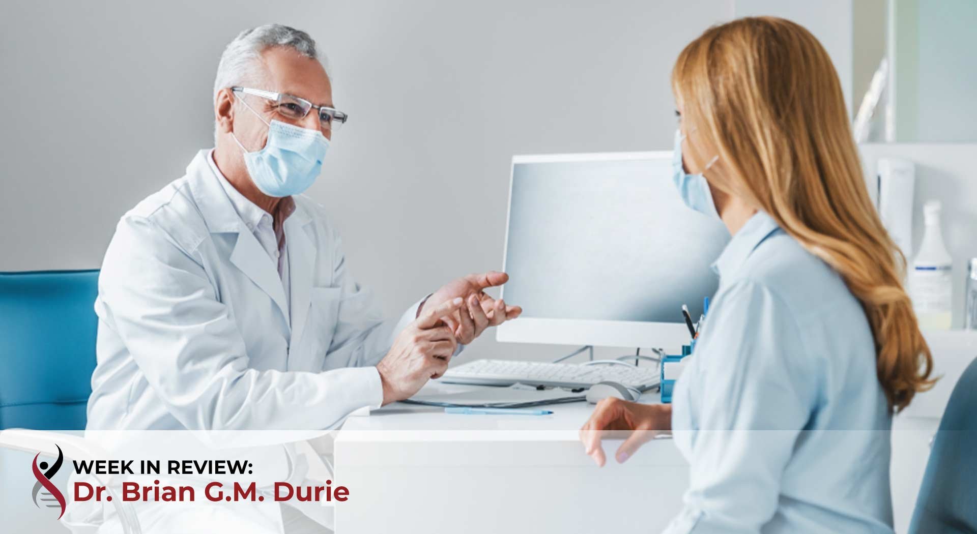 Doctor patient in office with masks on