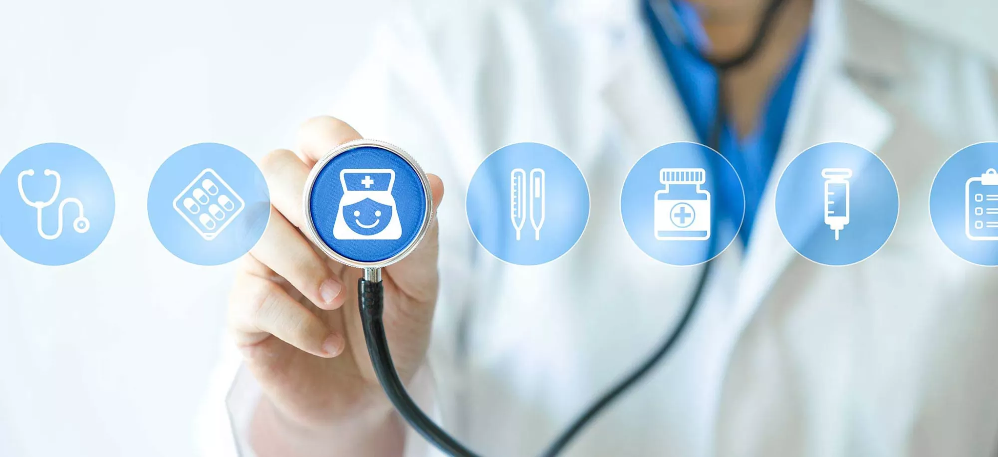 doctor holds stethoscope over nurse icon