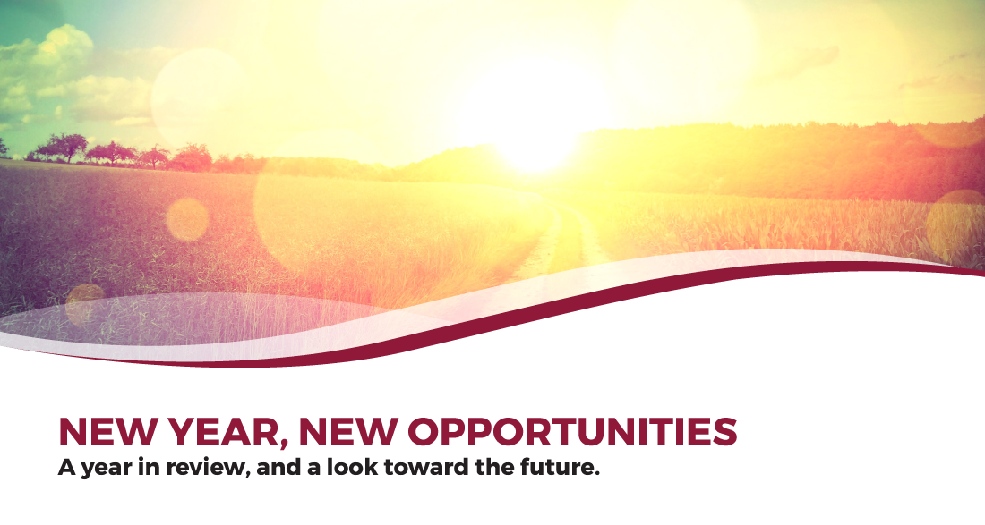 sun setting in the horizon with text overlay: New Year, New Opportunities