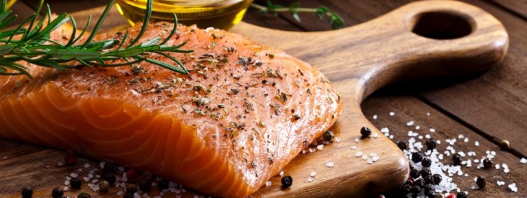 salmon, seafood on cutting board
