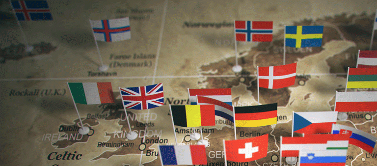 Flags on a map of Europe