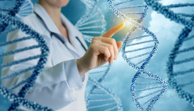 Lab researcher interacts with depiction of DNA