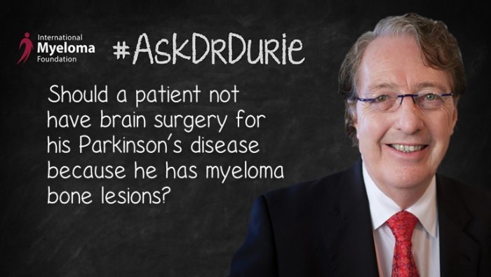 Parkinson's Disease and Multiple Myeloma text overlaid on image of Dr. Durie