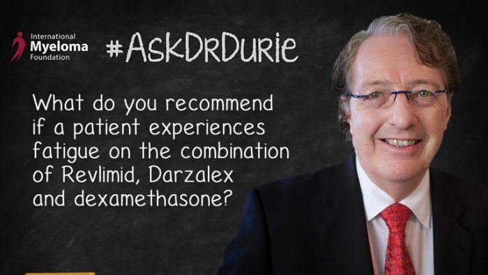 Fatigue drug combinations overlaid on picture of Dr. Durie