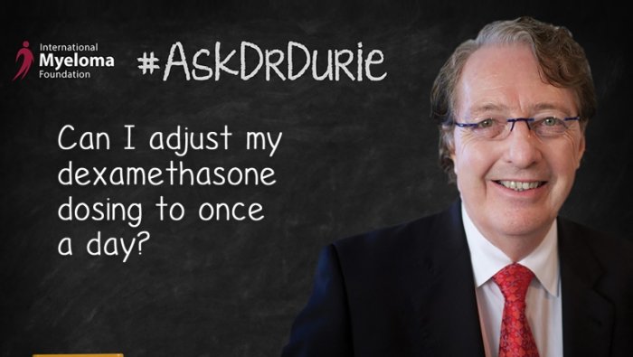 Video still of Dr. Durie addressing dexamethasone dosing