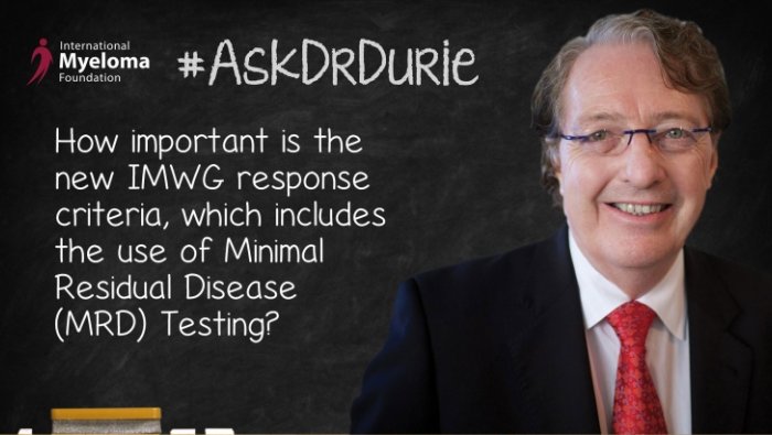 IMWG MRD criteria text over laid on a photo of Dr. Brian Durie. 