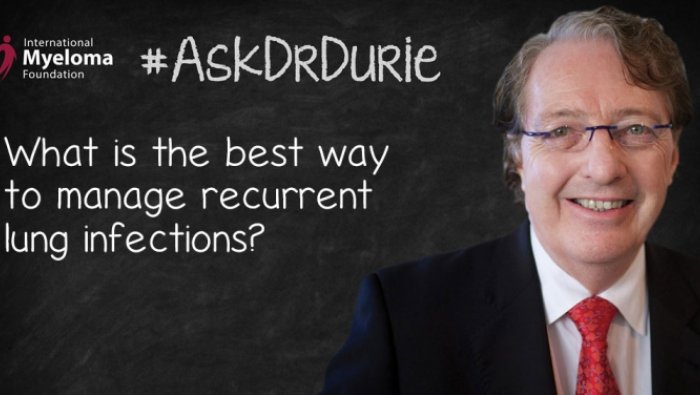 Video still of Dr. Brian G.M. Durie on chalkboard backdrop with text overlay: "What is the best way to manage recurrent lung infections?"