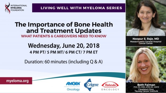Importance of Bone Health and Treatment Updates text with images of Beth Faiman and Dr. Noopur Raje