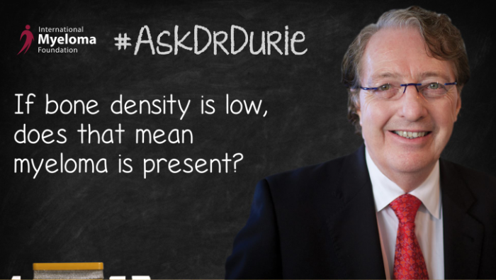 Video still of Dr. Brian G.M. Durie with chalkboard backdrop and text overlay: "If bone density is low, does that mean myeloma is present?"