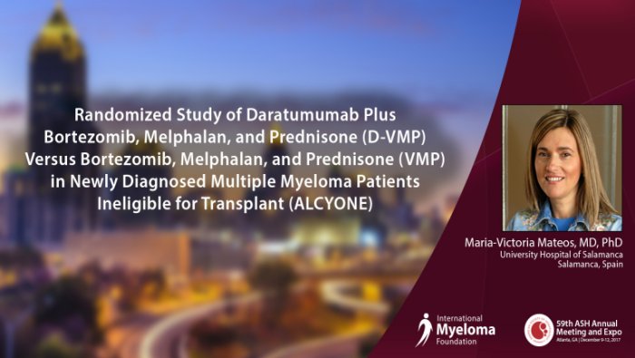 AsASH Convention video banner: Maria-Victoria Mateos, MD, PhD talks Daratumumab Plus Bortezomib, Melphalan, and Prednisone