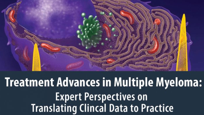 Treatment Advances in Myeloma text overlaid on drawing of a cell